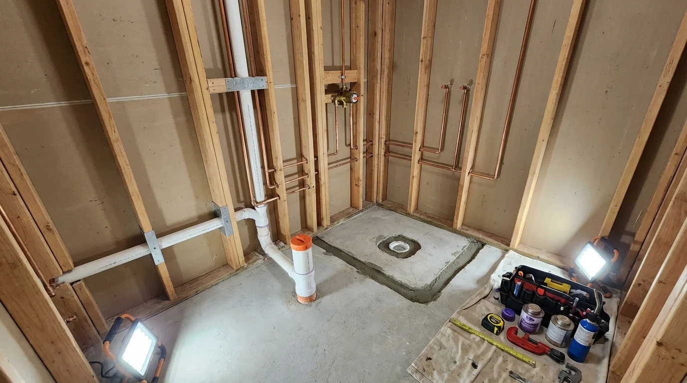 Bathroom rough-in plumbing during remodel by Johns Plumbing LLC in Wayzata